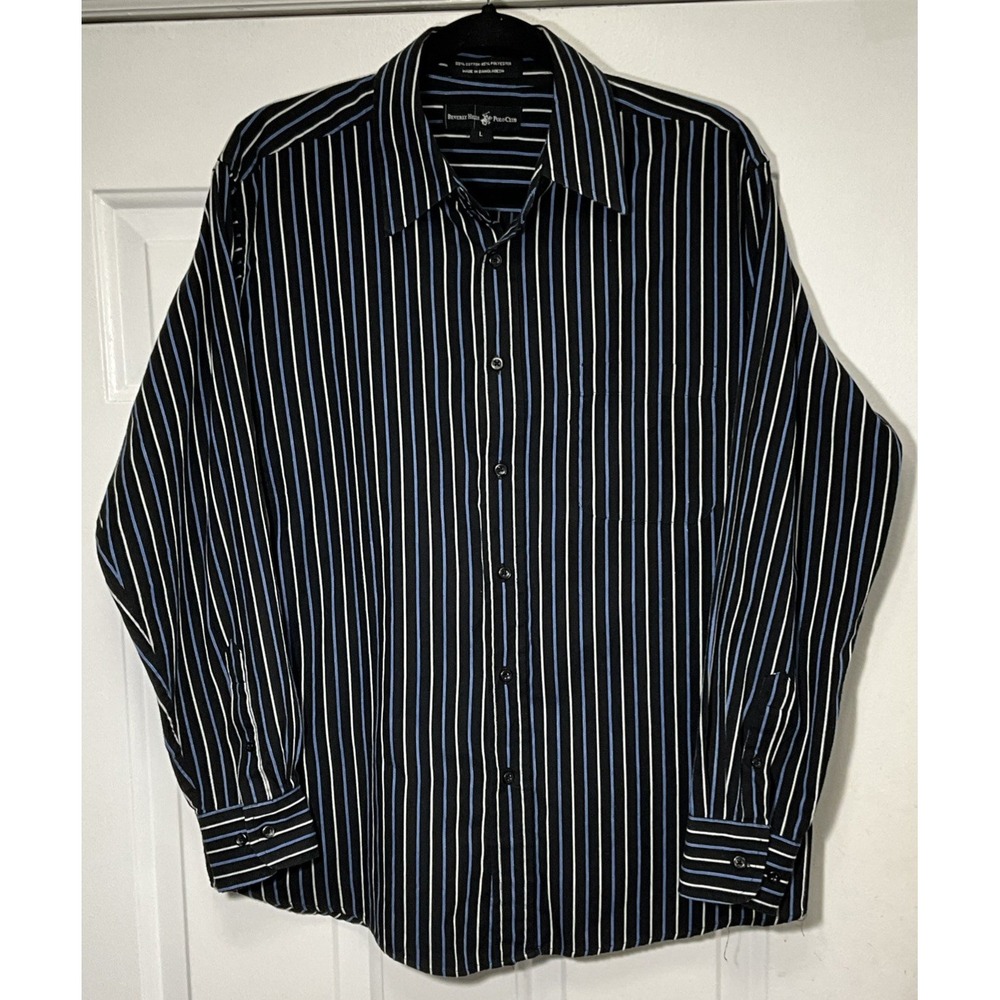 Beverly Hills Polo Club Men's Dress Shirt Size Large Striped Black Long Sleeve